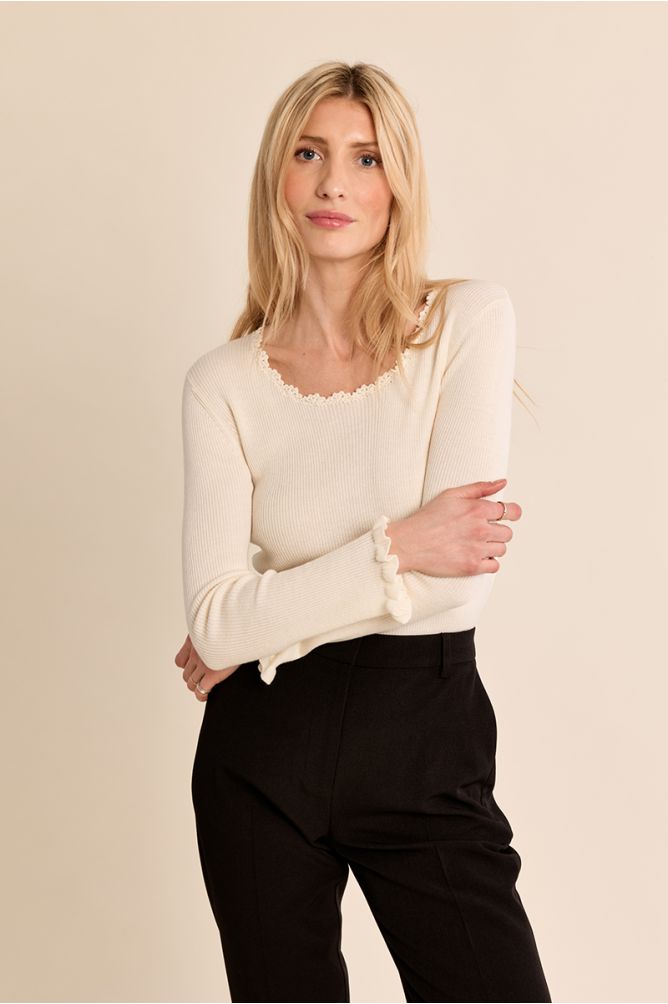 Ribbed knit sweater, lace collar
