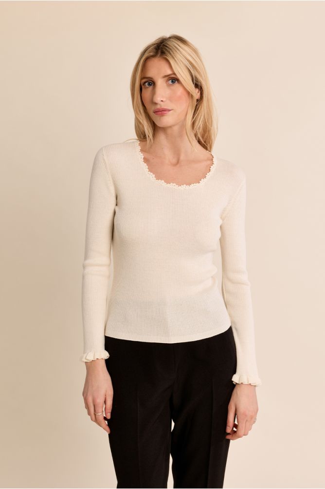 Pull en maille côtelée, col en dentelle