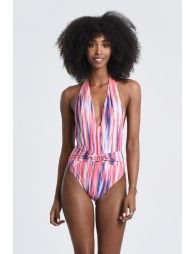 Printed swimsuit with plunging neckline