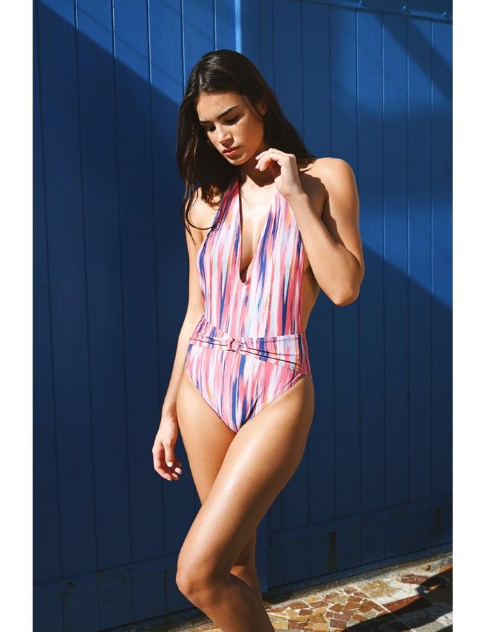 Printed swimsuit with plunging neckline