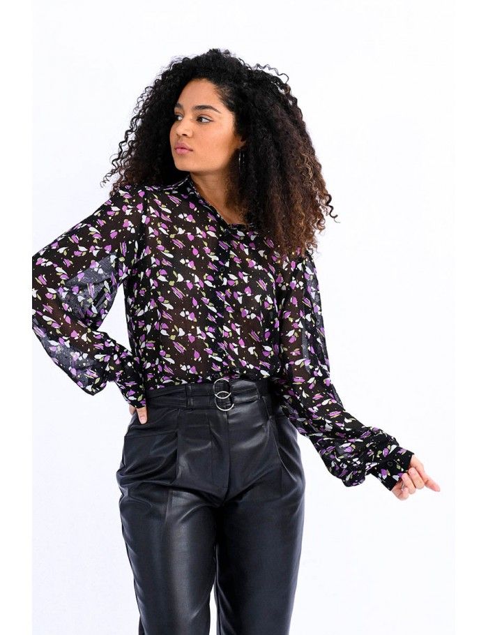 Floral veil shirt with balloon sleeves