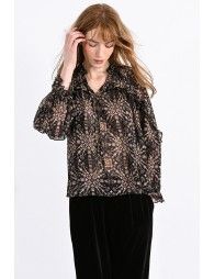 Graphic blouse, shirred collar