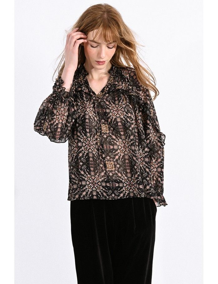 Blusa de manga larga con lazada volantes y estampado