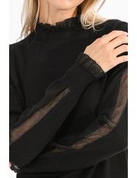 High collar sweater with ribbon trim