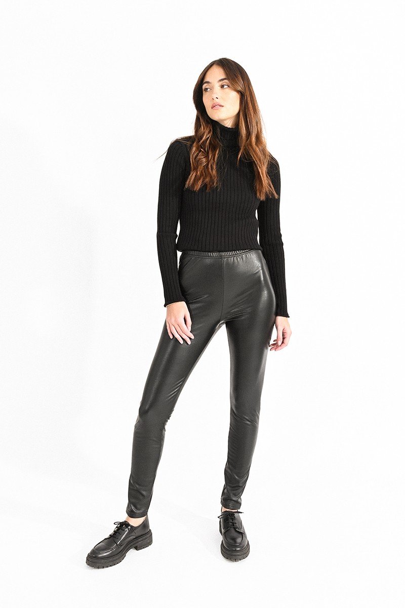 Split Vegan Leather Leggings - Black