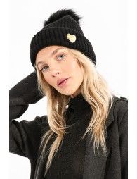 Sequin heart and pompom beanie