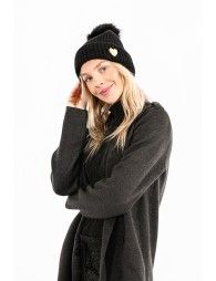Sequin heart and pompom beanie