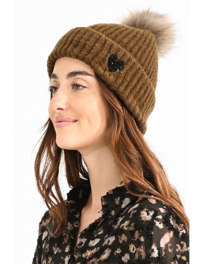Sequin heart and pompom beanie
