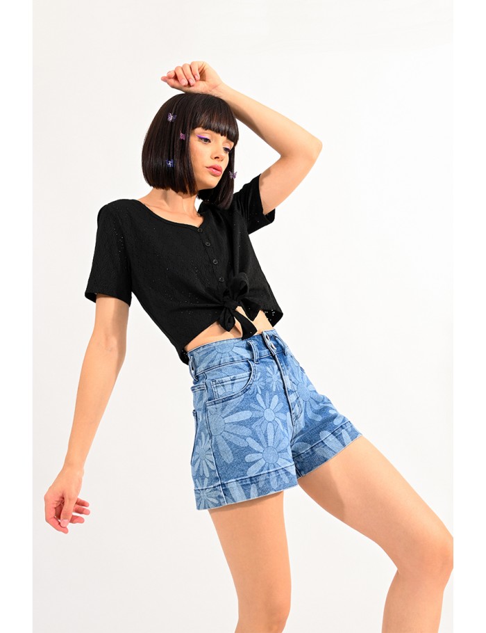 High-waisted printed denim shorts