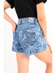 High-waisted printed denim shorts