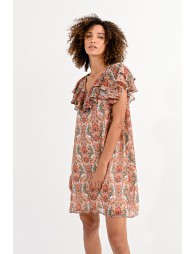 Printed dress with ruffled neckline