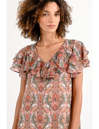 Printed dress with ruffled neckline