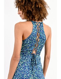 Long blue print dress with laced back