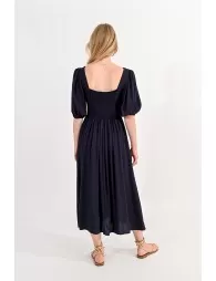 Long V-neck dress with short balloon sleeves