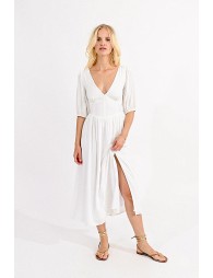 Long V-neck dress with short balloon sleeves