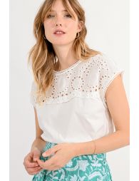 Cotton T-shirt, English lace yoke