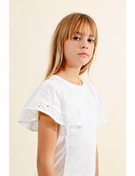 Camiseta de niña de manga corta, con volantes bordados 