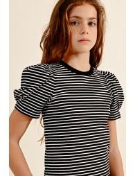 Camiseta de niña de manga corta abullonada, con estampado rayas 