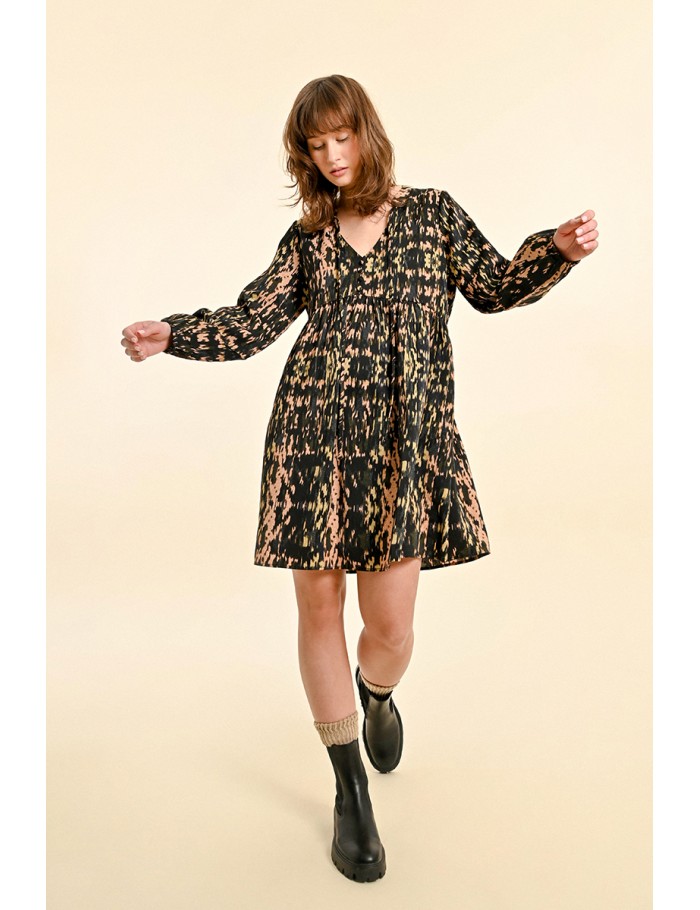 Vestido corto de manga larga con estampado y lazada