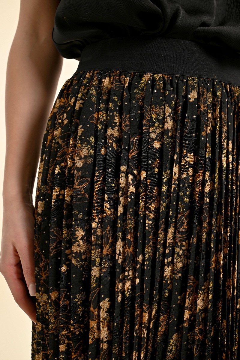 Jupe longue plissée, motif floral