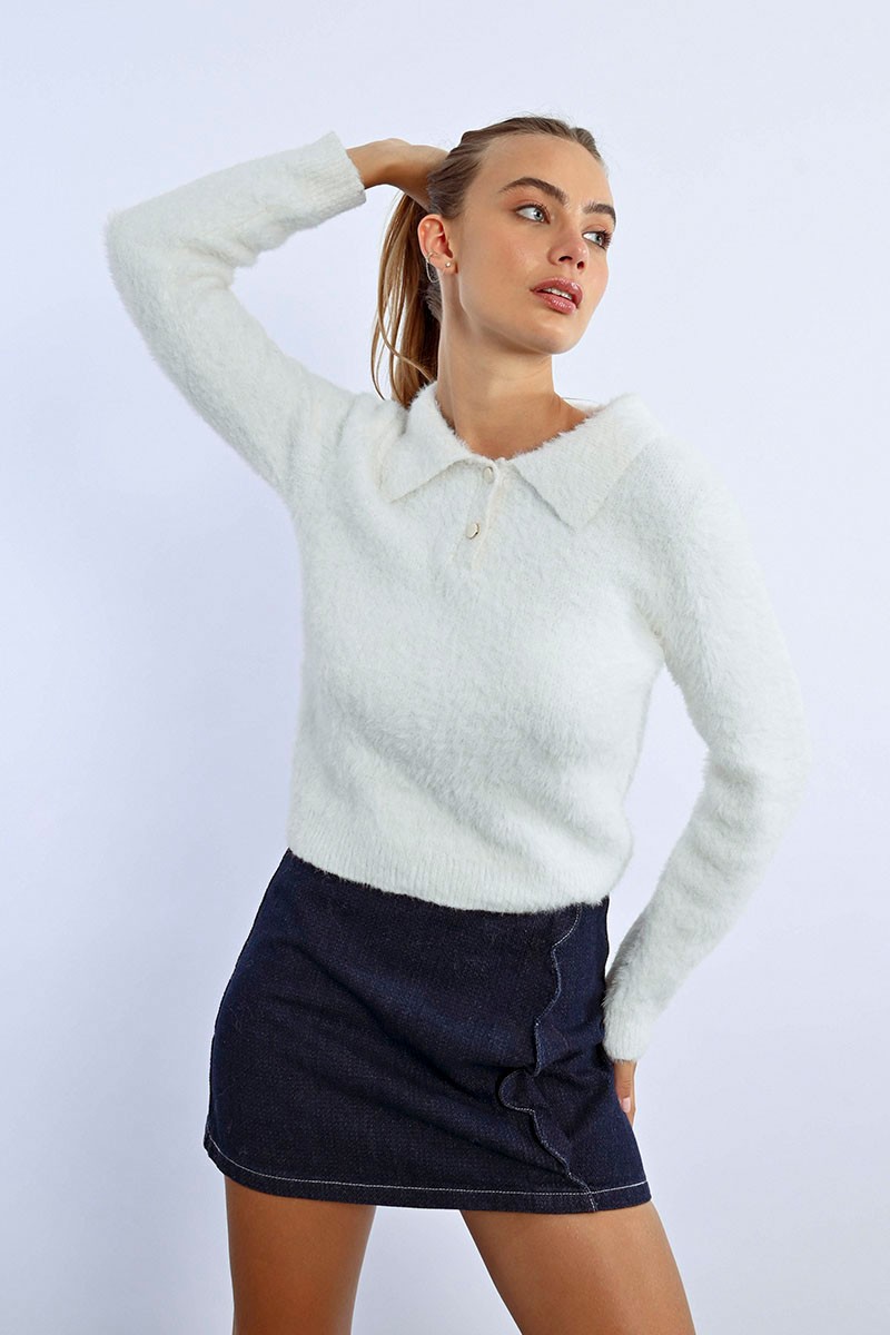 Pull polo en maille duveteuse