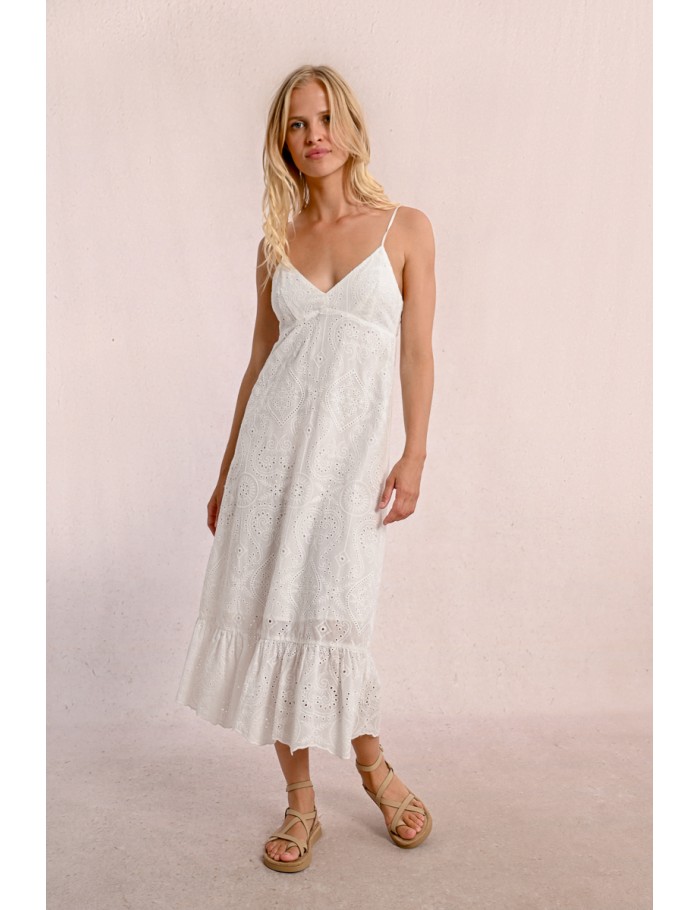 Robe longue à broderies anglaises, dos nu