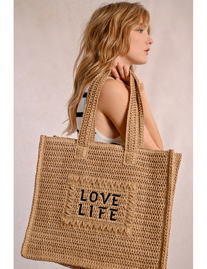 Bolso de rafia trenzada estampado texto