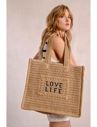 Bolso de rafia trenzada estampado texto