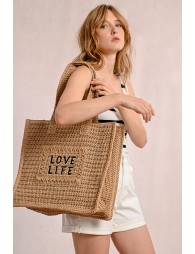 Bolso de rafia trenzada estampado texto