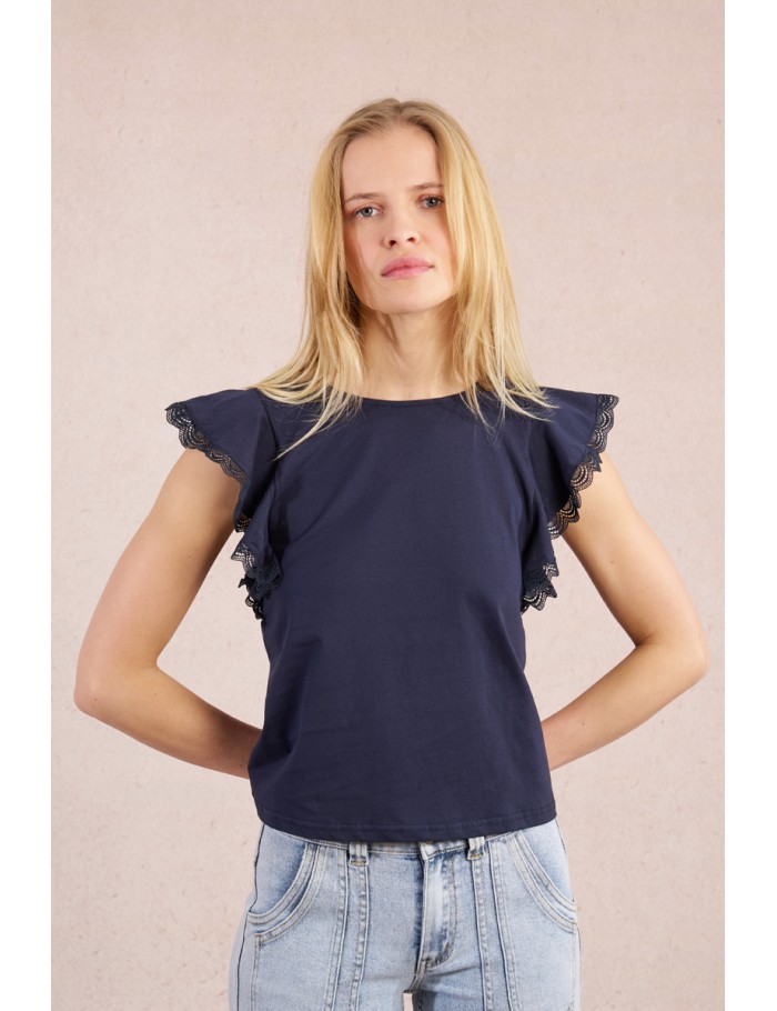 Camiseta de manga corta mariposa con encaje