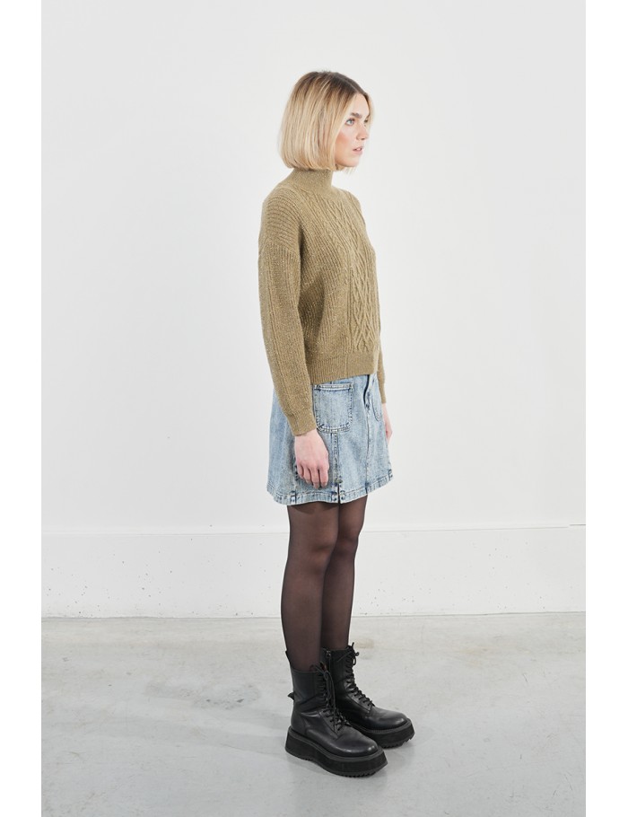 Cable knit sweater with high collar