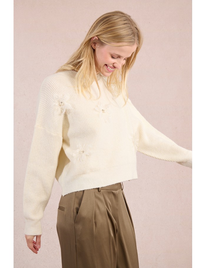 Pull en maille, fleurs fantaisies