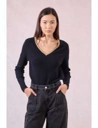 Sweater with iridescent collar trim