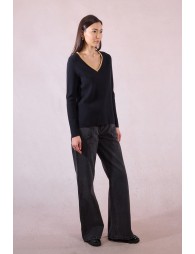 Sweater with iridescent collar trim
