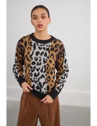 Striped and leopard knit sweater