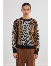 Striped and leopard knit sweater