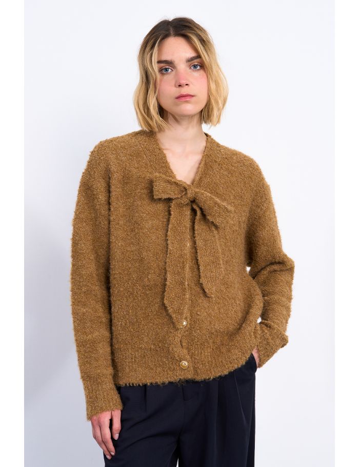 Knitted cardigan, tie collar