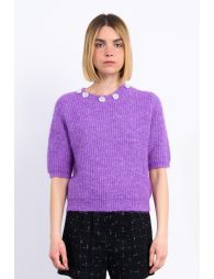 Short-sleeved sweater with beaded flowers