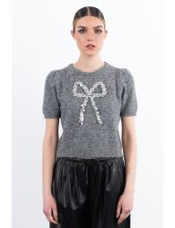 Short-sleeved sweater with sequin bow