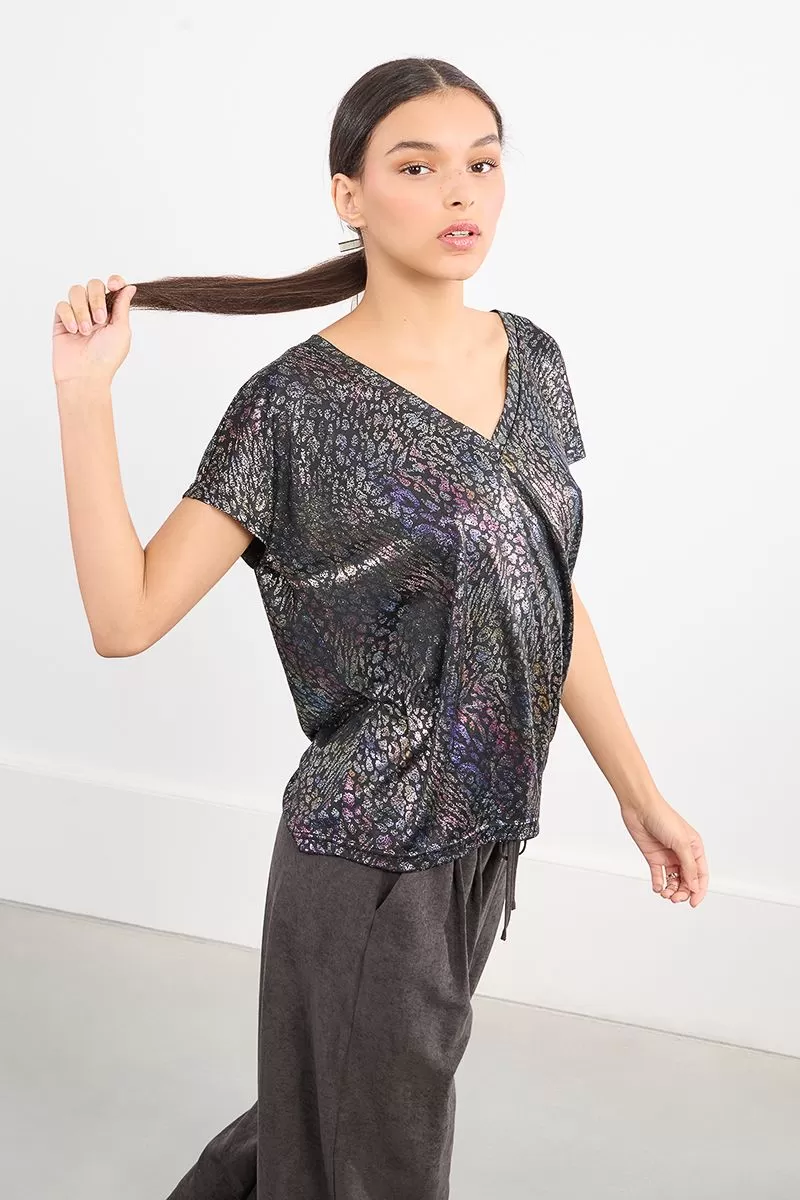 Top effet métallisé, léopard