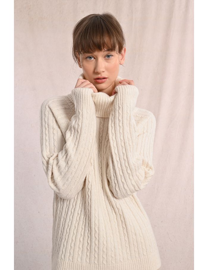 Cable knit sweater with high collar