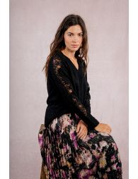 Openwork lace sleeve sweater