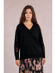 Openwork lace sleeve sweater