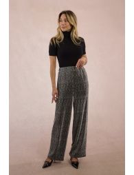 Iridescent knit trousers, studded with rhinestones