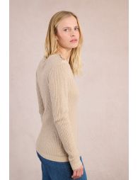 Cable knit, buttoned shoulder tab
