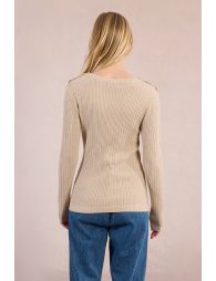 Cable knit, buttoned shoulder tab