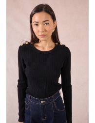 Cable knit, buttoned shoulder tab