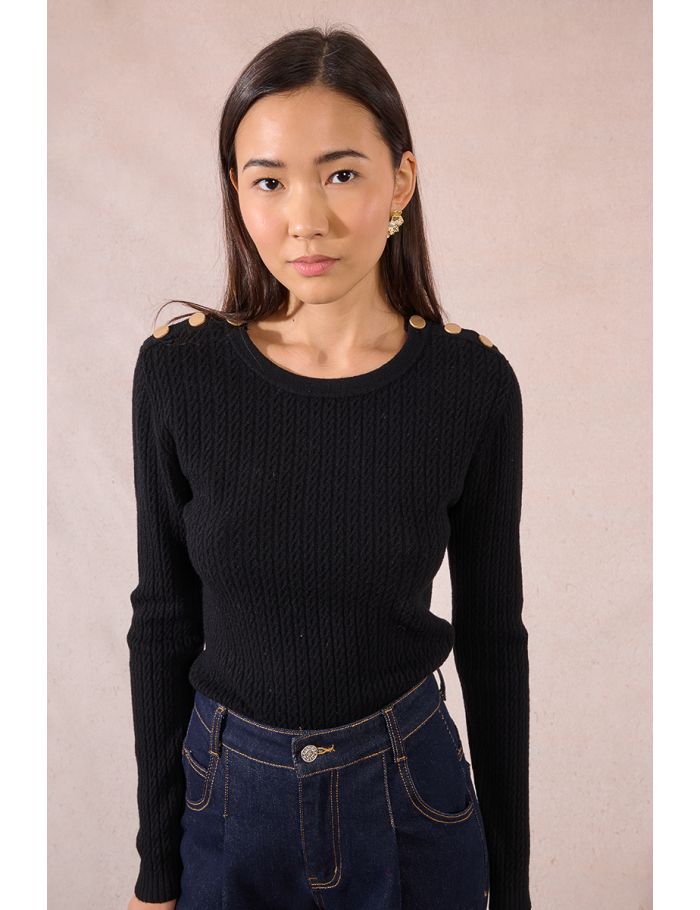 Cable knit, buttoned shoulder tab