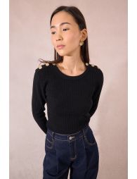Cable knit, buttoned shoulder tab