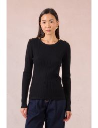 Cable knit, buttoned shoulder tab